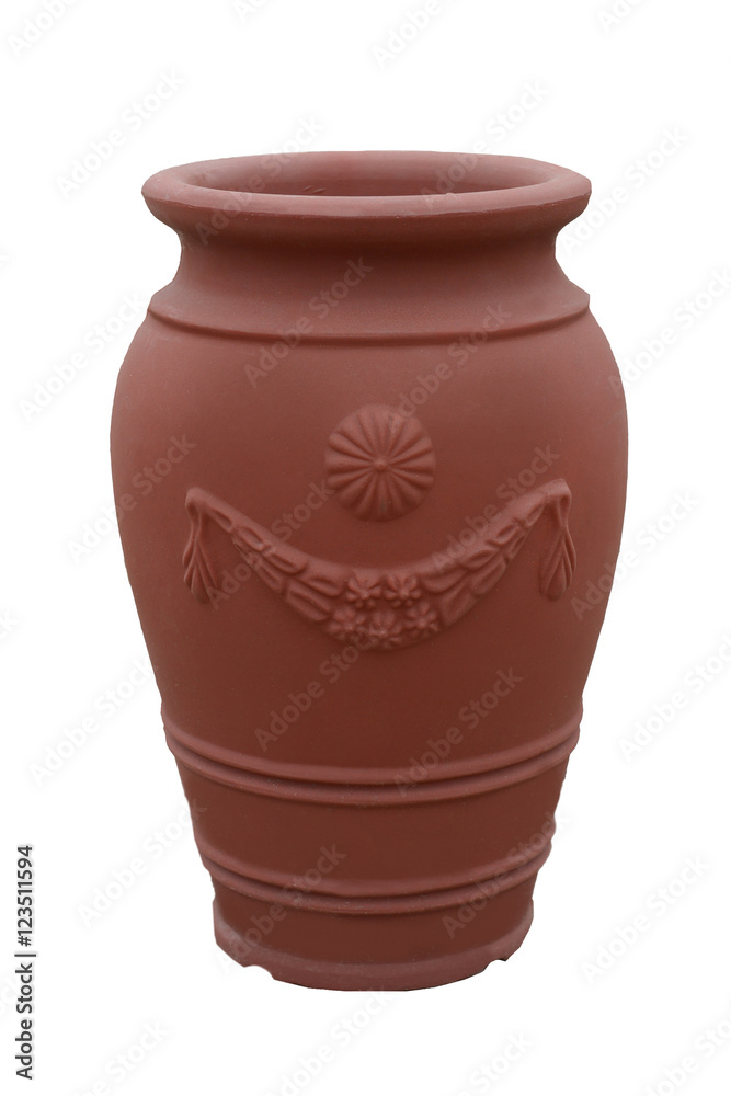 Big orange plastic flower pot isolated on white background. Flower pot with ornament.. Big orange plastic flower pot isolated on white background. Flower pot with ornament..