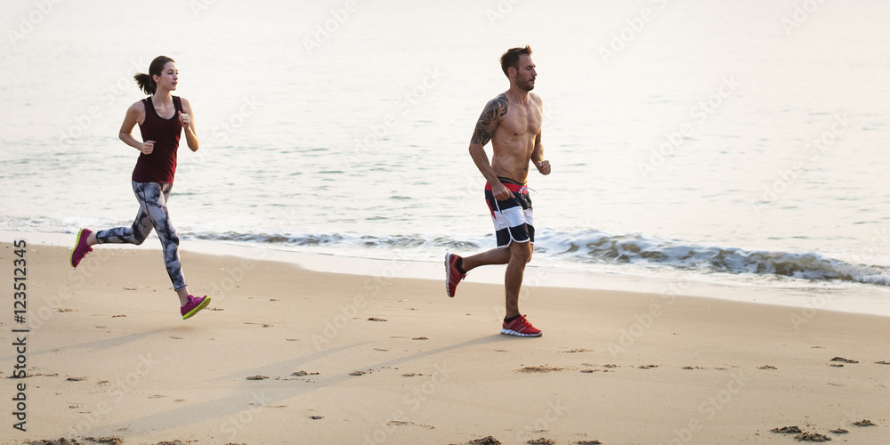Fotografie Running Exercise Training Healthy Lifestyle Beach Concept