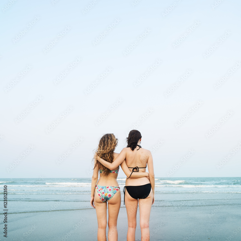 Girls Beach Summer Holiday Vacation Togetherness Concept Girls Beach Summer Holiday Vacation Togetherness Concept