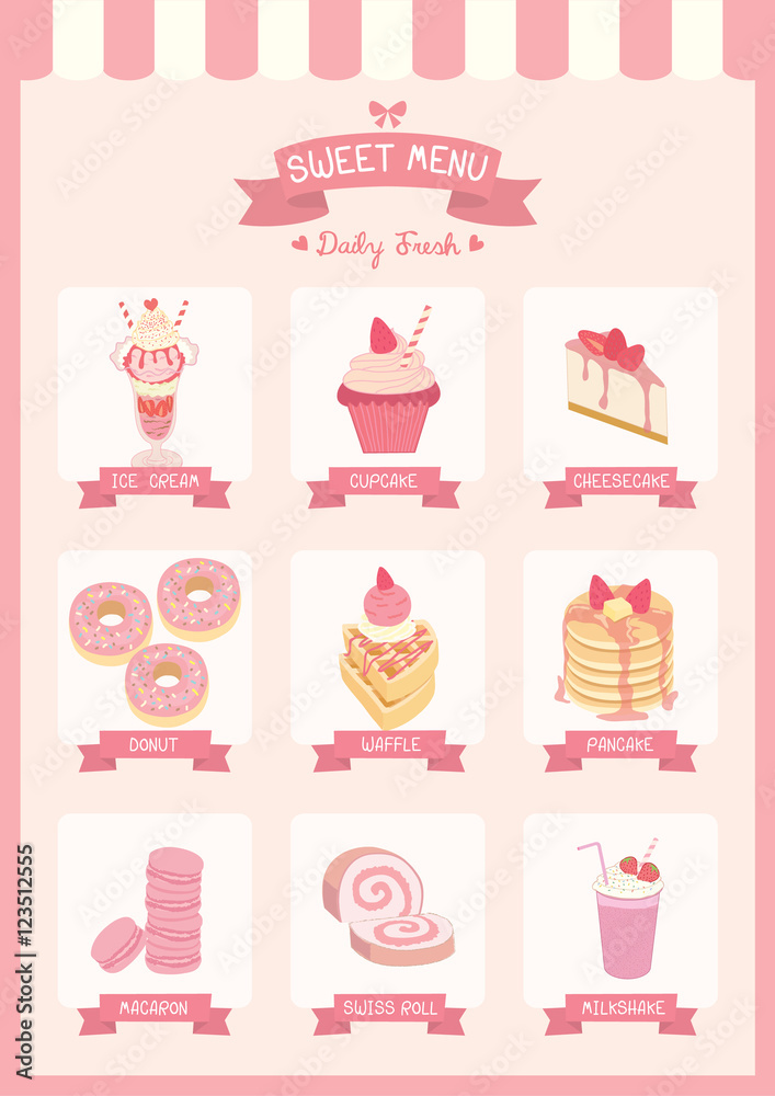 Strawberry flavor for sweet dessert and drink menu cafe decoration with  awning on pastel background  vector. Stock Vector |  Adobe Stock