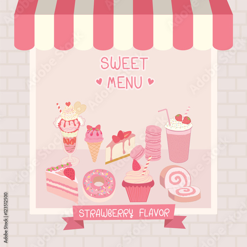 Strawberry flavor of dessert menu cafe shop showcase decoration with awning and brick wall in pink and  pastel background colors.Illustration vector.