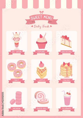 Strawberry flavor for sweet dessert and drink  menu cafe decoration with awning on pastel background colors.Illustration vector.