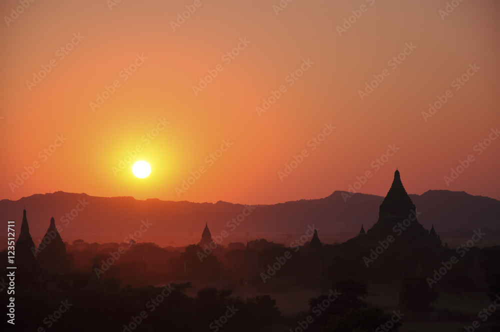 Pagodas field at sunset Bagan , Myanmar