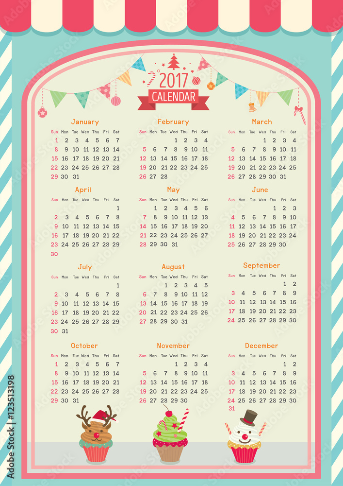 Twelve month for 2017 calendar template with cupcake cafe design of