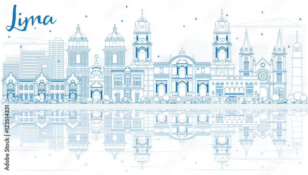 Obraz Outline Lima Skyline with Blue Buildings and Reflections.