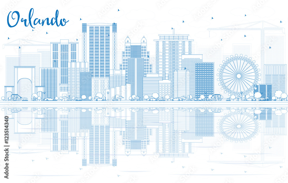Outline Orlando Skyline with Blue Buildings and Reflections.