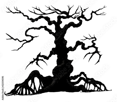 Spooky silhouette of Halloween tree.Halloween tree by hand drawing.