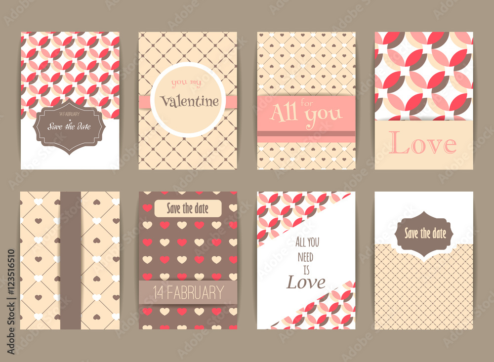 Set of Greeting card for Valentines day. Vintage and romantic backgrounds. Vector Design Templates Collection