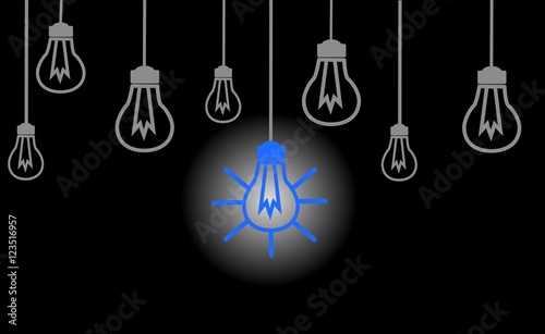 Bright Ideas, blackbord design, whit blue Light Bulb