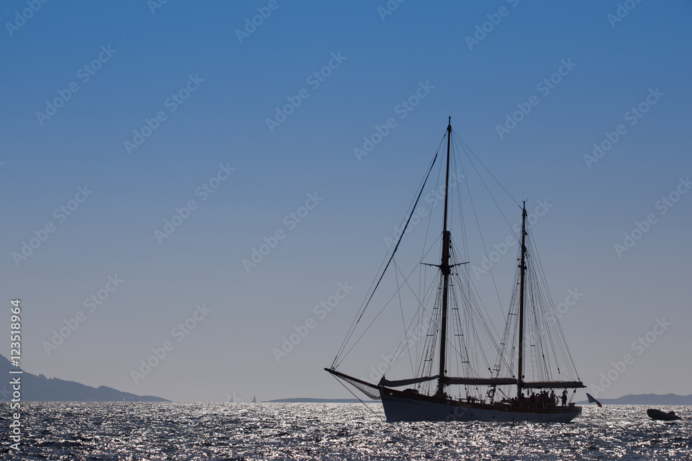 Luxury sailing ship on the sea at sunset, Marseille