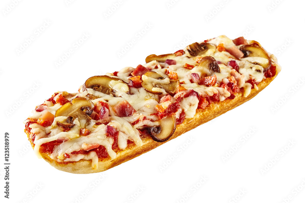 Toasted baguette with tomato, cheese and mushrooms Toasted baguette with tomato, cheese and mushrooms