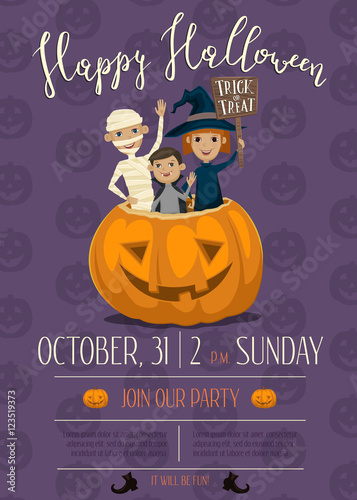 Halloween party poster design with funny kids in carnival costumes mummy, vampire and witch sitting in pumpkin with sign - Trick or Treat. Cartoon vector illustration isolated on perpl background photo