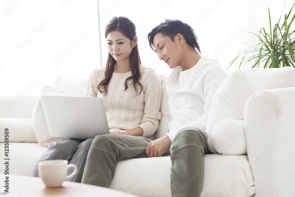 Young couple looking at a laptop in the living room