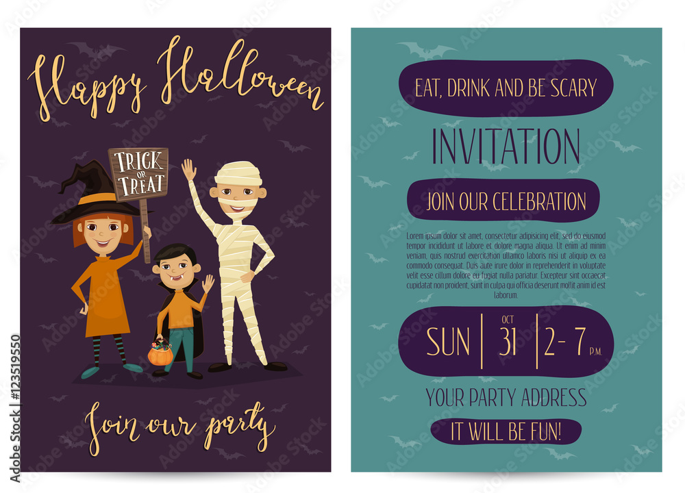 Halloween party invitation set with place for text. Funny kids in carnival  costumes mummy, vampire and witch with sign - Trick or Treat. Vector  illustration on perpl and blue background Stock Vector |