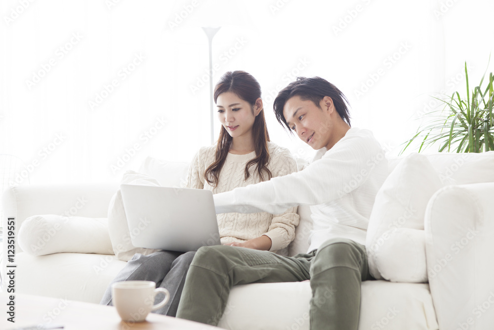 Young couple looking at a laptop in the living room