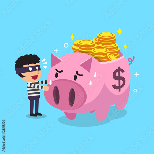 Cartoon thief and pink piggy bank