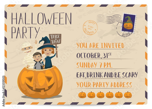 Halloween party vintage postcard invitation with funny kids in carnival costumes mummy, vampire and witch sitting in pumpkin with sign - Trick or Treat. Halloween postal card, vector illustration