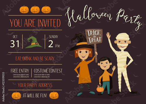 Halloween night party invitation with place for text. Funny kids in carnival costumes mummy, vampire and witch with sign - Trick or Treat. Halloween creative design template, vector illustration.