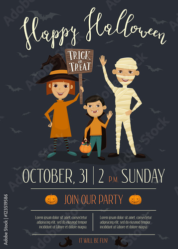 Halloween night party poster with funny kids in carnival costumes mummy, vampire and witch with sign - Trick or Treat. Happy Halloween children, isolated cartoon vector illustration. Join our party.