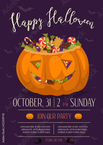 Happy Halloween party poster with scary pumpkin head jack full of sweet candies, isolated cartoon vector illustration on perpl background. Trick or treat concept. Halloween vintage design template