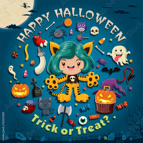 Vintage Halloween poster design with vector cat character.