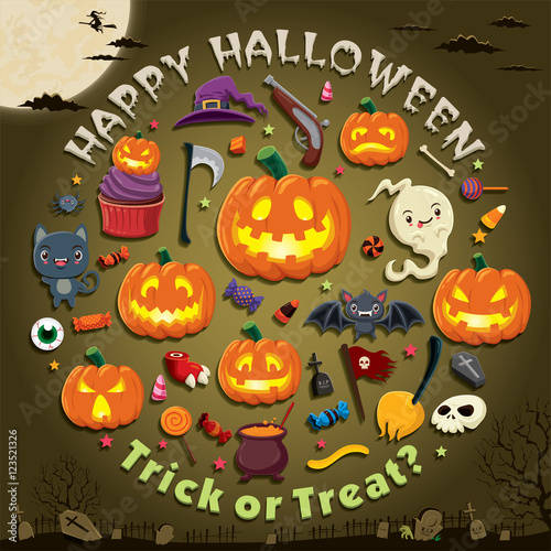 Vintage Halloween poster design with vector jack O lantern character.