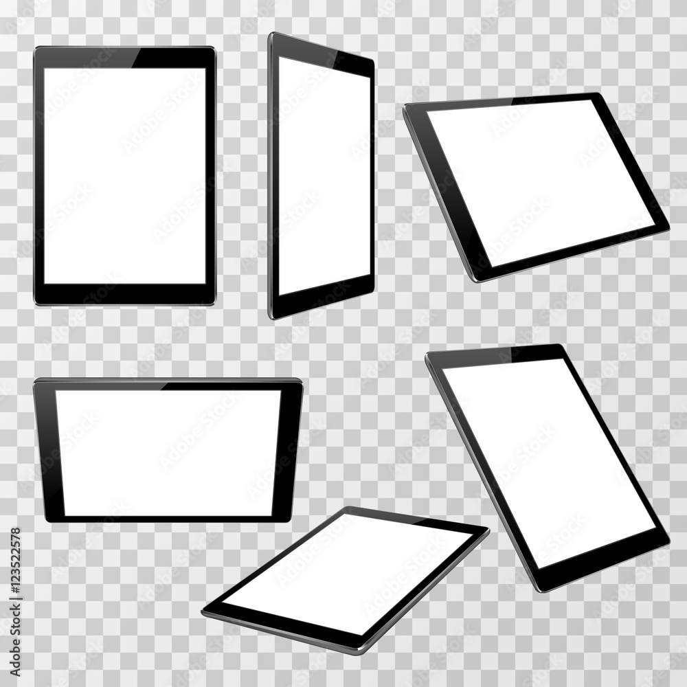 Realistic black tablet vector template isolated on transparent checkered background in different point of view Realistic black tablet vector template isolated on transparent checkered background in different point of view