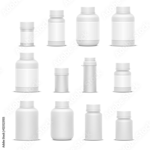Realistic vector plastic packaging medicine bottles for cosmetics vitamins pills or capsules