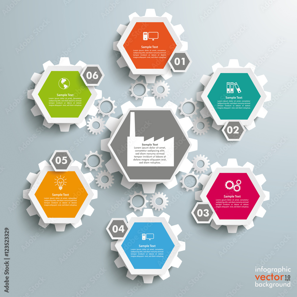 6 Colored Hexagons Background Industry Gears 6 Colored Hexagons Background Industry Gears