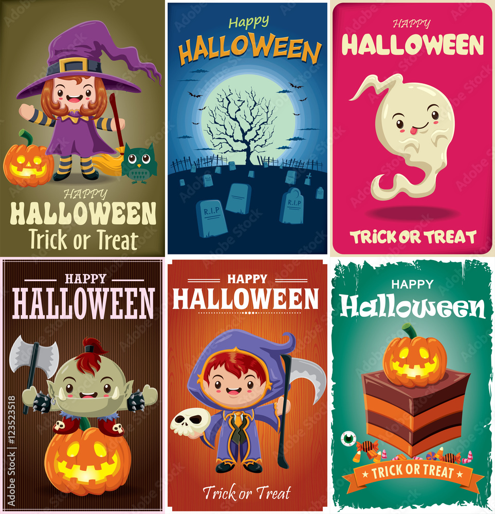 Vintage Halloween poster design set with vector witch, ghost, reaper, orc, cupcake character.