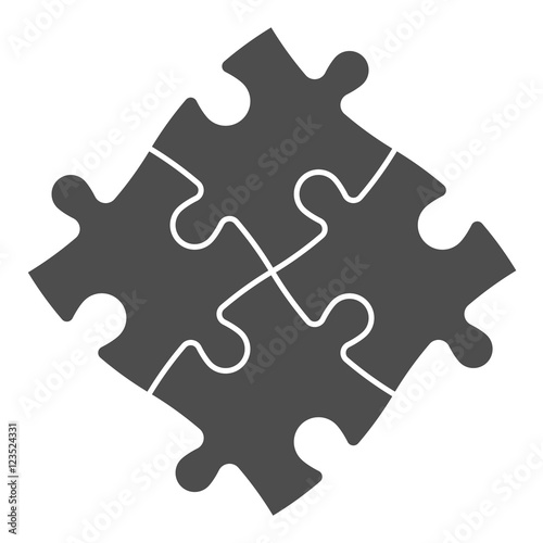 Solved jigsaw puzzle of four grey pieces. Team cooperation, teamwork or solution business theme. Simple flat vector illustration on white background.