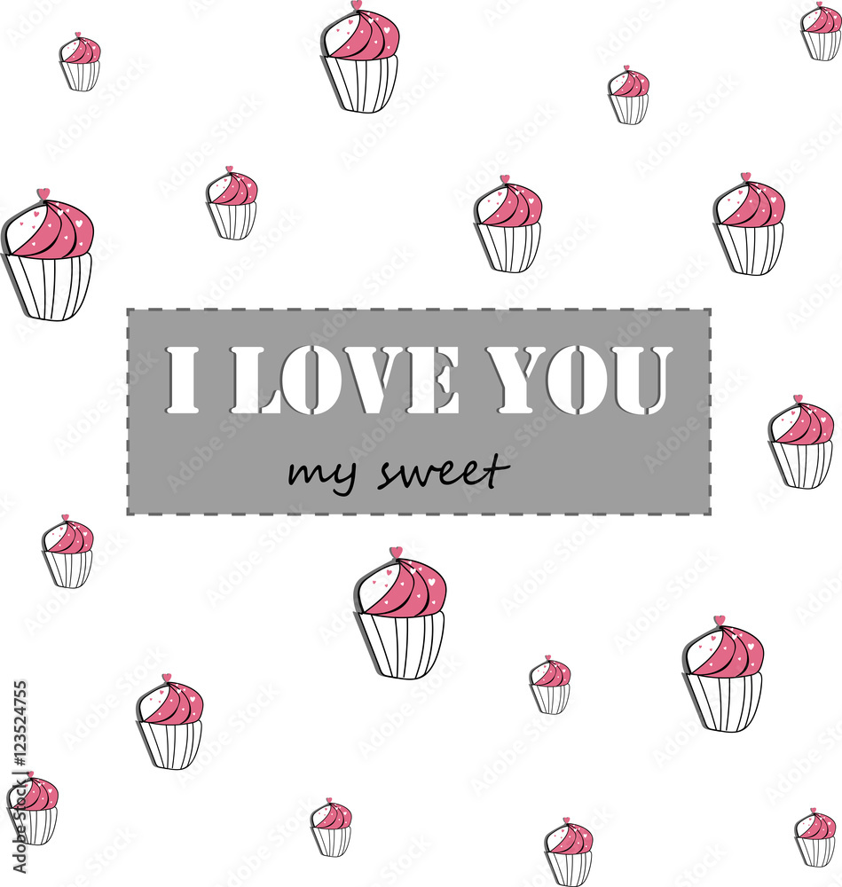 Happy Valentines Day. Modern card with pink cakes and calligraphy inscription on white background.Beautiful vector illustration.