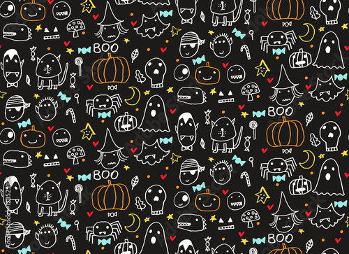 Seamless Halloween pattern for card, flayer, banner, poster templates. Hand drawn traditional symbols, cute design elements, handwritten ink lettering. Made in the technique of hand drawing. 