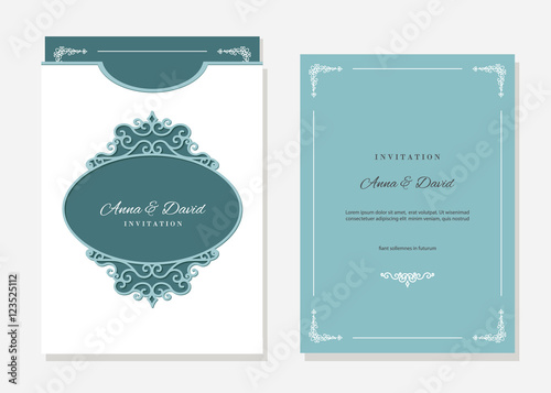 Wedding invitation and envelope template with laser cutting filigree oval frame. Emerald and white colors.