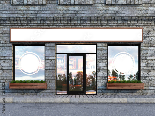 Outdoor mock up, with a stone facade cafe, 3d rendering, three poster