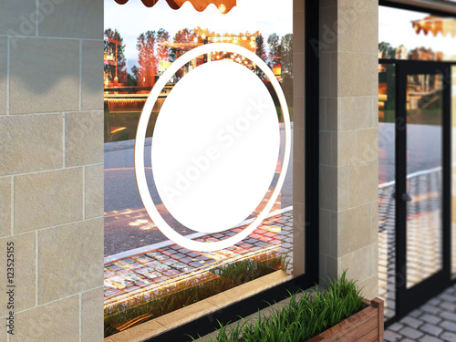 Outdoor mock up, a classical facade cafe, 3d rendering, billboard in the window