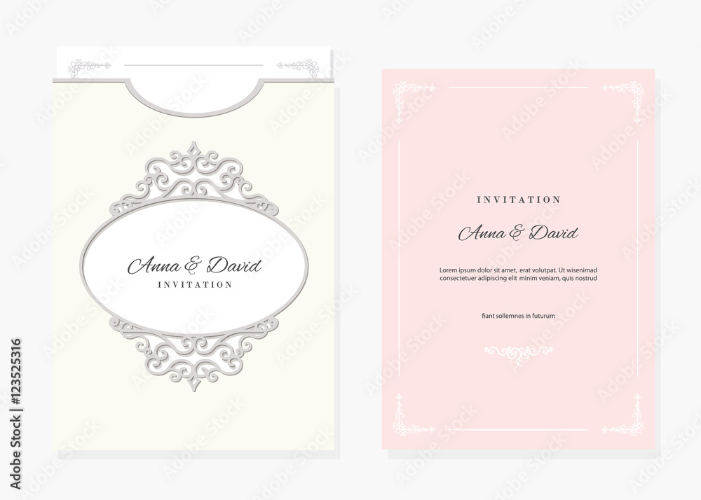 Wedding invitation and envelope template with laser cutting filigree oval frame. Pastel pink and ivory colors. Wedding invitation and envelope template with laser cutting filigree oval frame. Pastel pink and ivory colors.