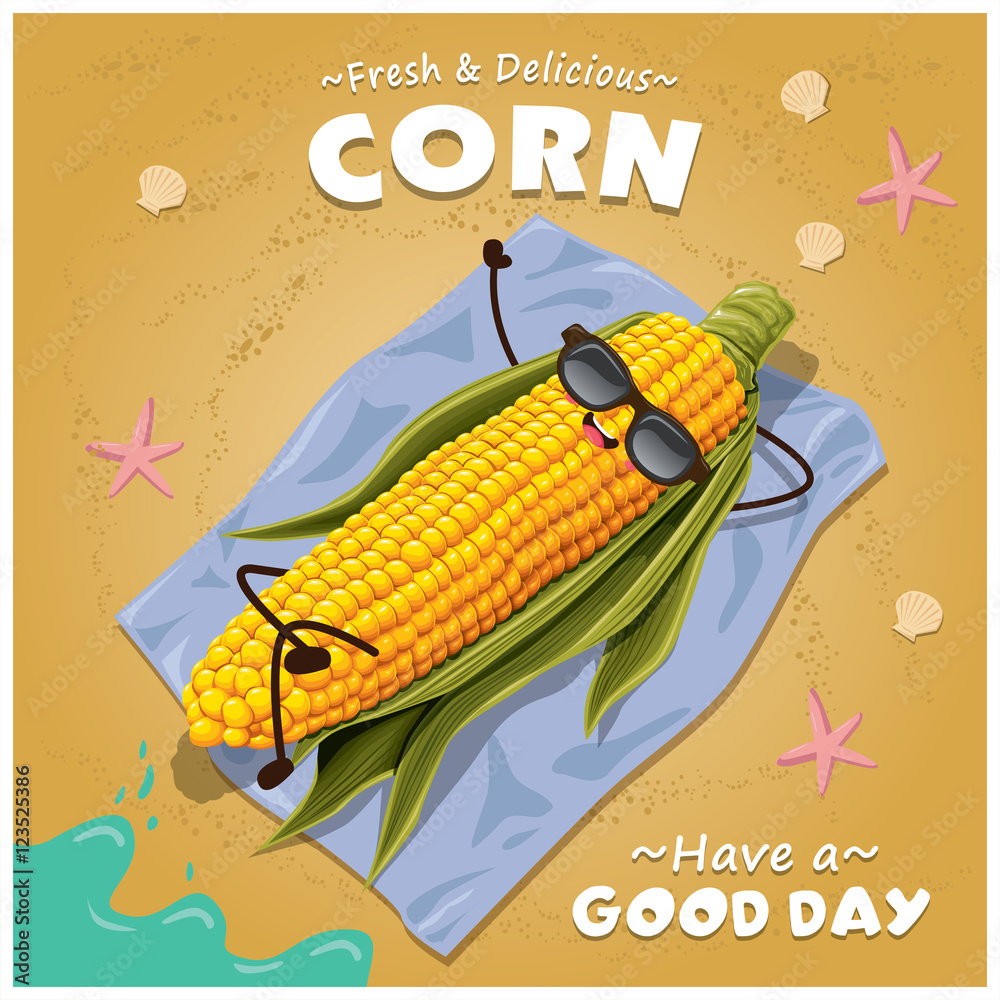Vintage corn poster design with vector corn character. Stock Vector