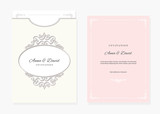 Wedding invitation and envelope template with laser cutting filigree oval frame. Pastel pink and ivory colors.