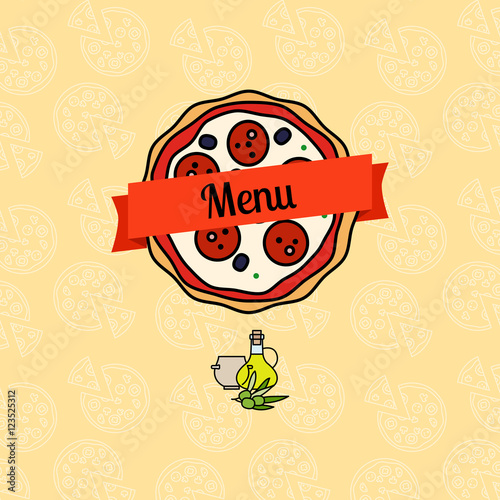 Pizza menu cover with ribbon on pastel background vector illustration