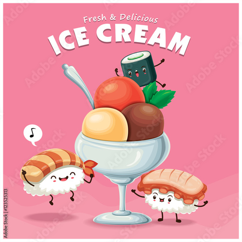 Vintage Sushi ice cream poster design with vector sushi character. 