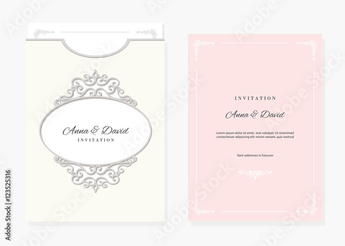 Wedding invitation and envelope template with laser cutting filigree oval frame. Pastel pink and ivory colors.