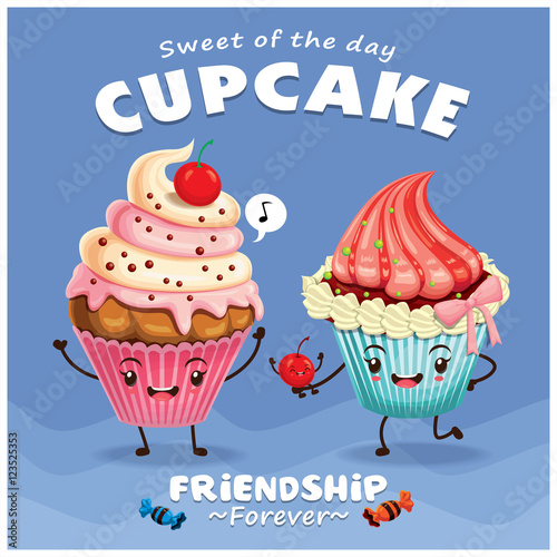Vintage Cupcake poster design with vector cupcake character.