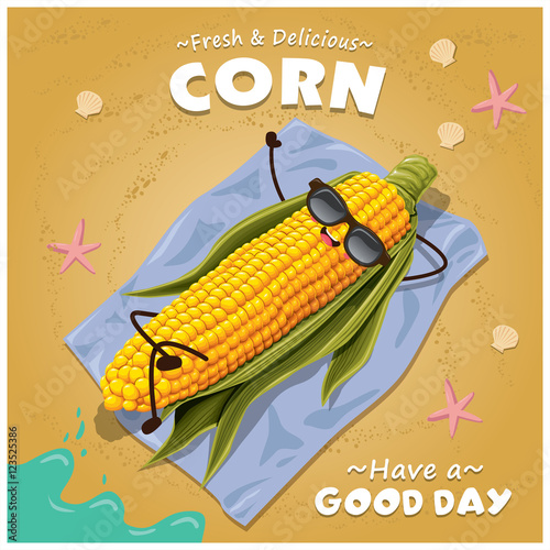 Vintage corn poster design with vector corn character.