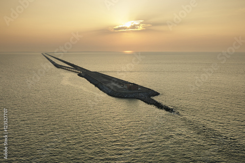 USA, Aerial photograph of the Chesapeake Bay Bridge Tunnel at sunrise photo