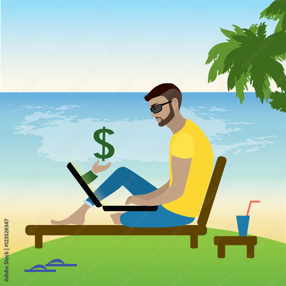 freelancer working at a laptop on the beach freelancer working at a laptop on the beach