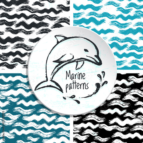 Ink hand drawn marine seamless pattern