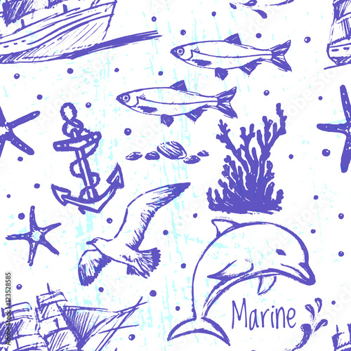 Ink hand drawn marine world seamless pattern