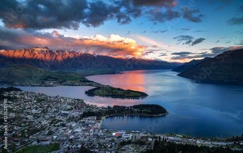 Cityscape, sunset of queenstown with lake Wakatipu from the skyl photo