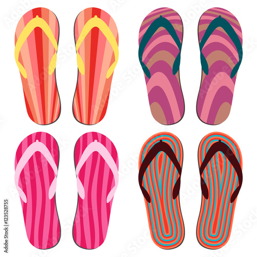Set of Beach Slippers. Colorful Summer Flip Flops Over White Background
